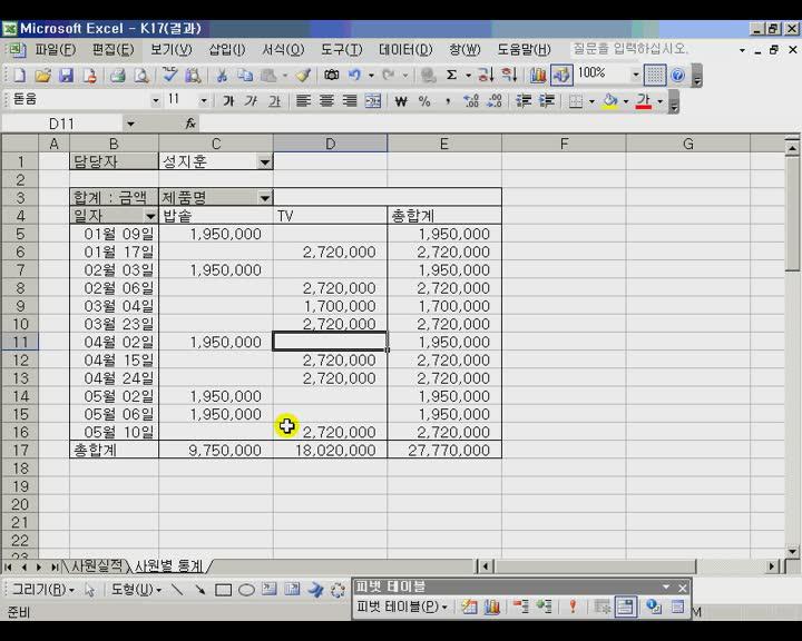 엑셀업무(고급편) 17.피벗테이블로 만드는 사원별 실적 비디오 썸네일 이미지